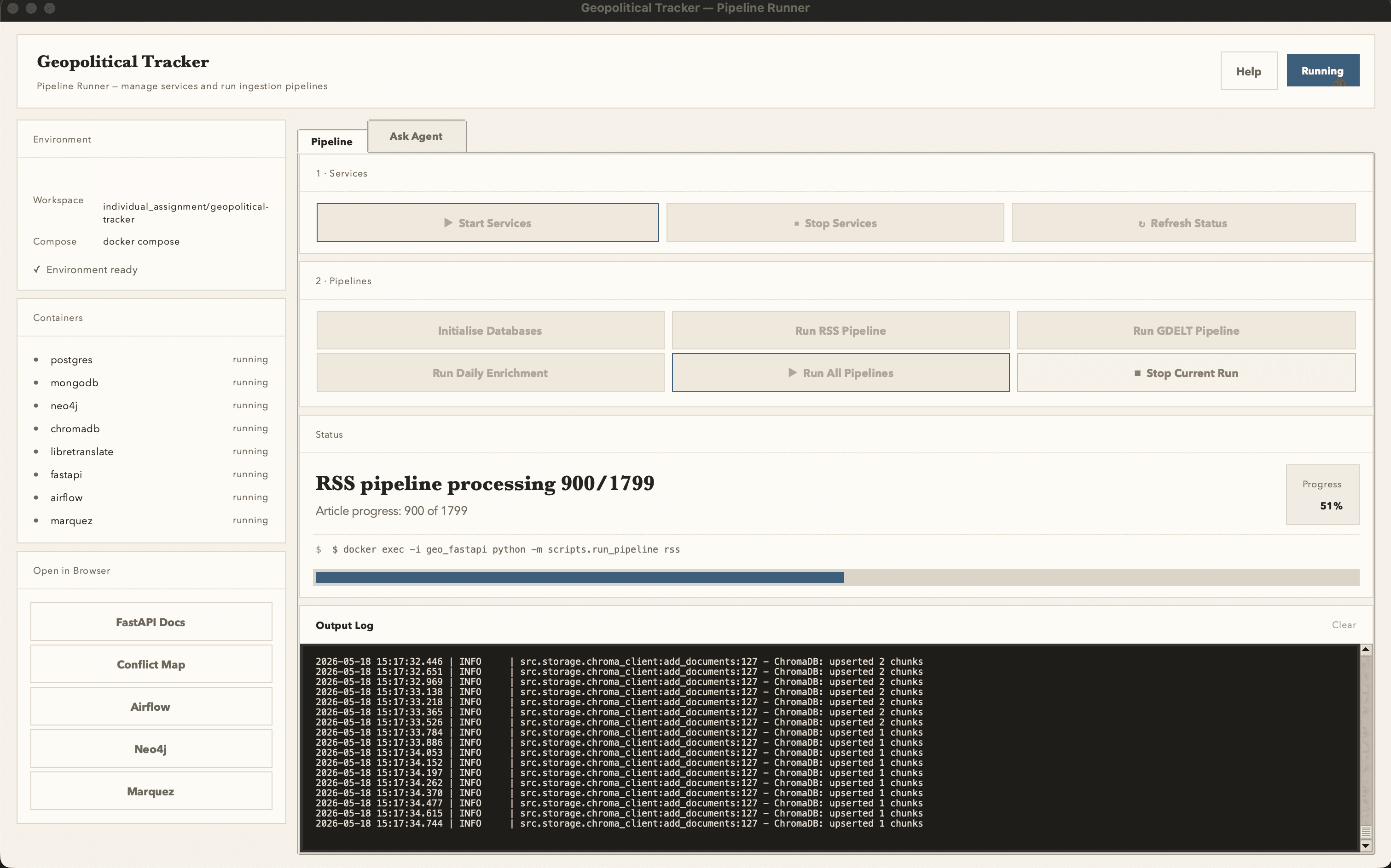 Pipeline Runner — Tkinter GUI controlling the eight Docker services and ingestion jobs