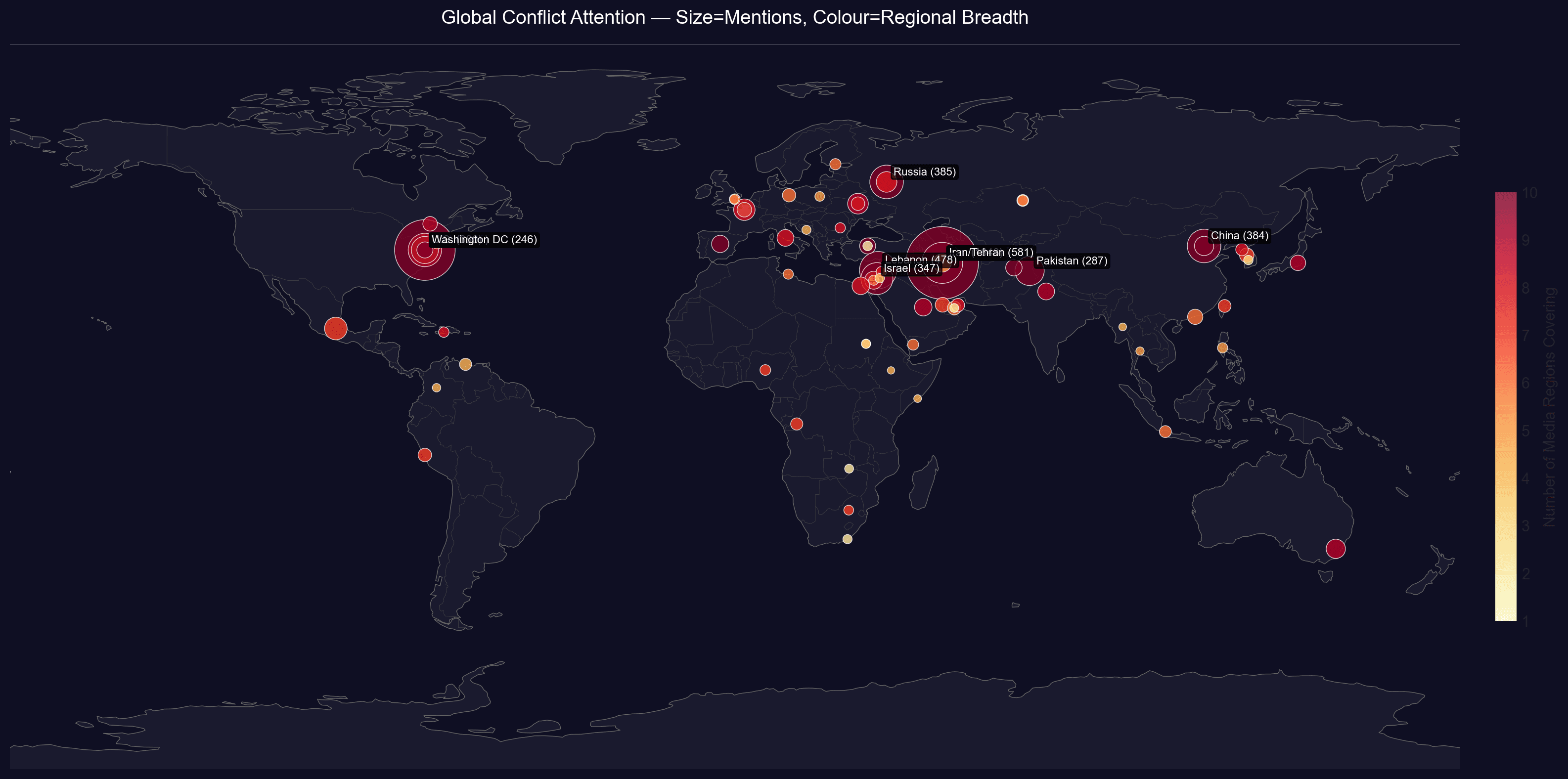 Global conflict event map — GDELT + RSS ingestion plotted geographically